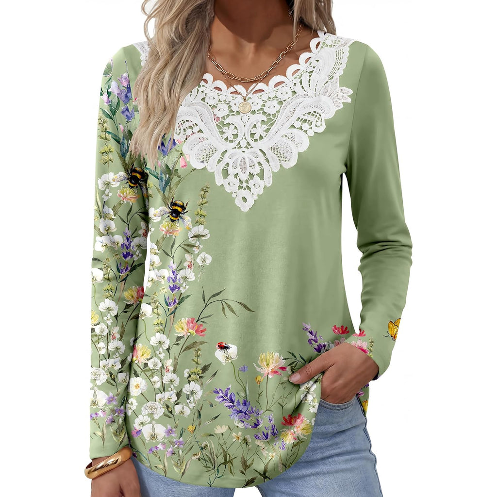 Anrabess Women'S Lace Front Long Sleeve Tunic Tops | Scalloped V Neck Floral Print Shirts, Soft Regular Fit Blouses, Business Office Travel Outfits, Dressy Casual, Fall & Winter