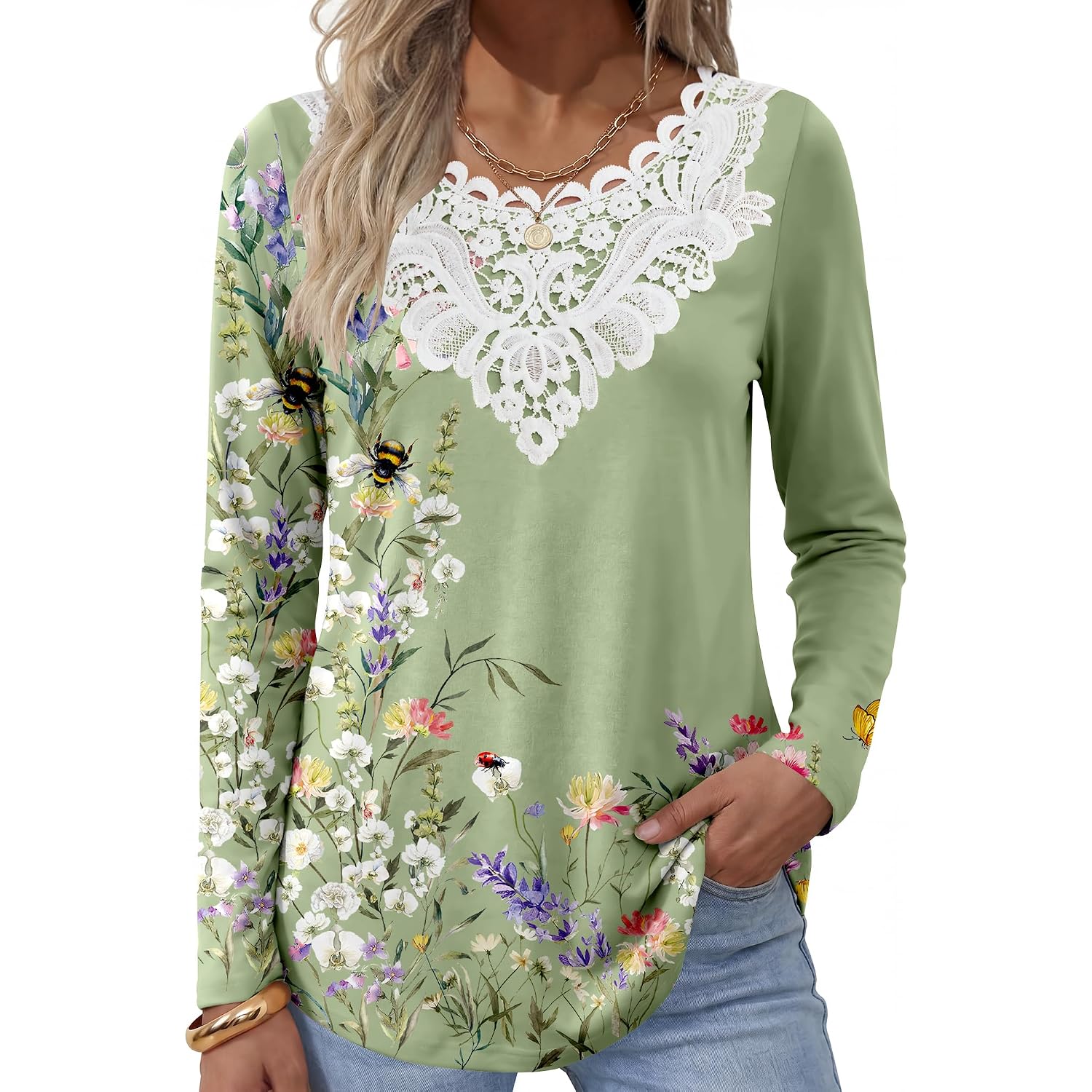 Anrabess Women'S Lace Front Long Sleeve Tunic Tops | Scalloped V Neck Floral Print Shirts, Soft Regular Fit Blouses, Business Office Travel Outfits, Dressy Casual, Fall & Winter