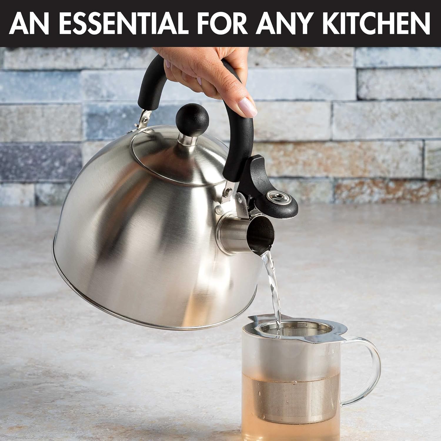 Primula Stewart Whistling Stovetop Tea Kettle Food Grade Stainless Steel, Hot Water Fast to Boil, Cool Touch Folding, 1.5-Quart, Brushed with Black Handle