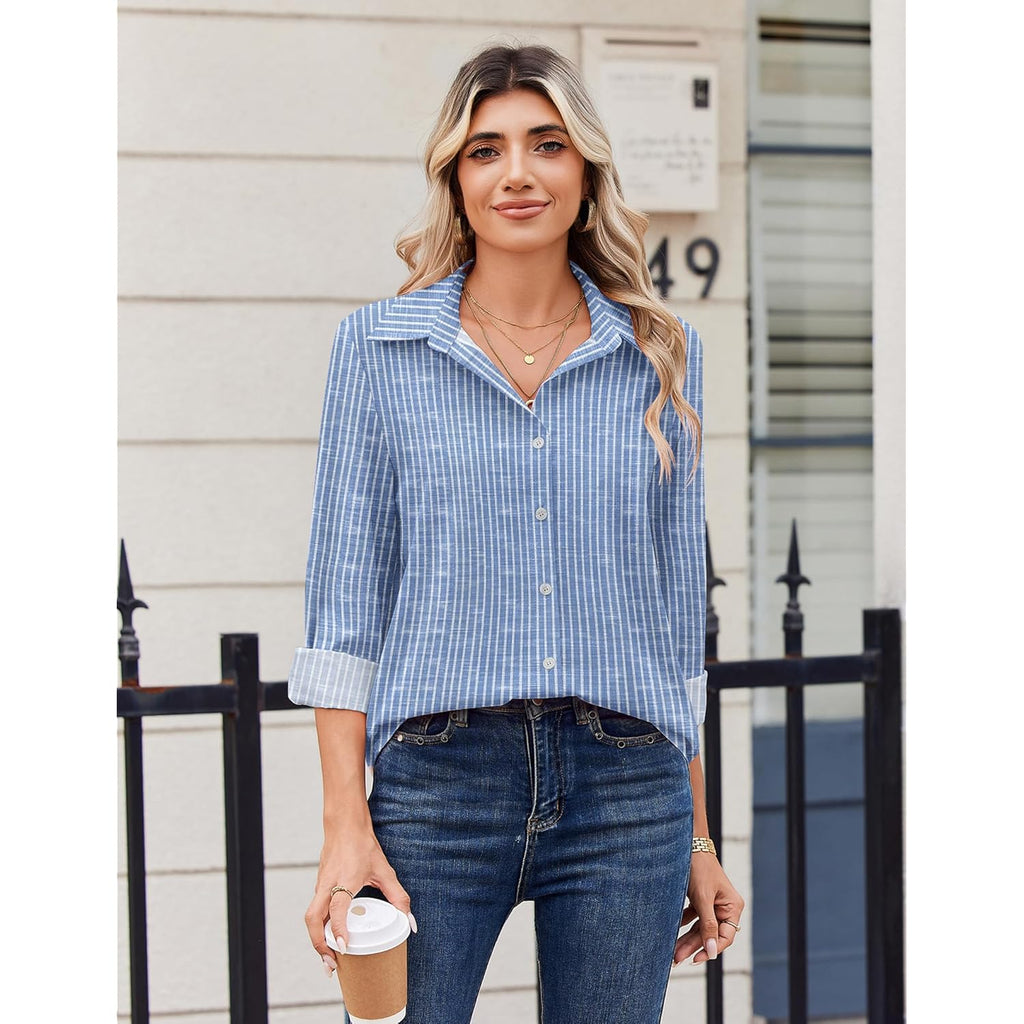 Blouse for Women Dressy Long Sleeve Button Down Shirts Business Casual Outfit Lightweight Solid/Printed Tops