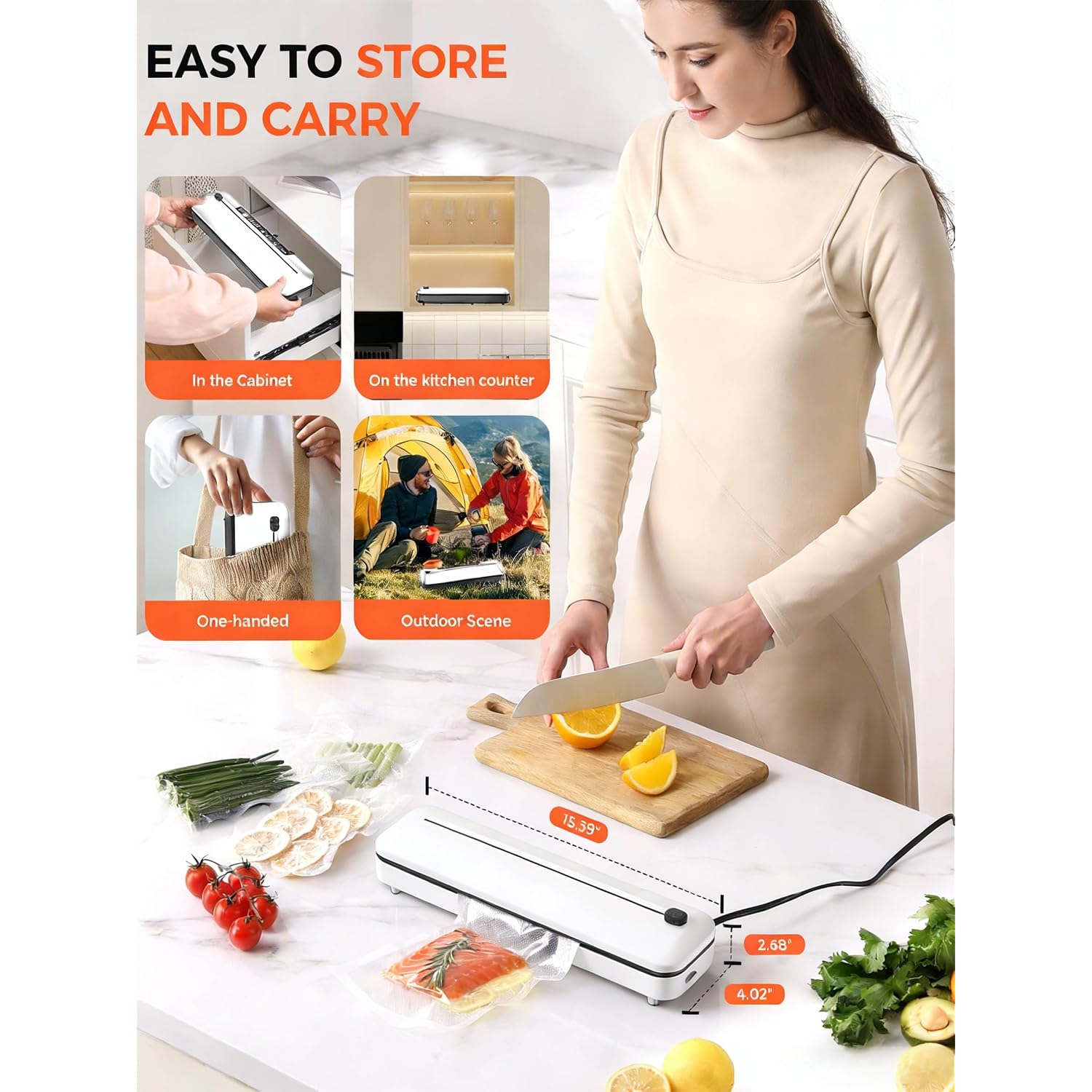 Vacuum Sealer Machine 75Kpa Food With 6-In-1 Dry/Moist Modes & Digital Timer, Compact Lightweight Design, Built-In Cutter + 10 Bags (White)