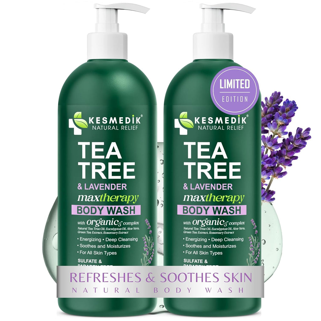 Kesmedik Tea Tree Body Wash Maxtherapy With Lavender & 100% Tea Tree Oil For Skin, Cleans, Soothes And Refreshes Sensitive, Itchy Skin, Body & Foot Soap For Men & Women, 2-Pack, Limited Edition