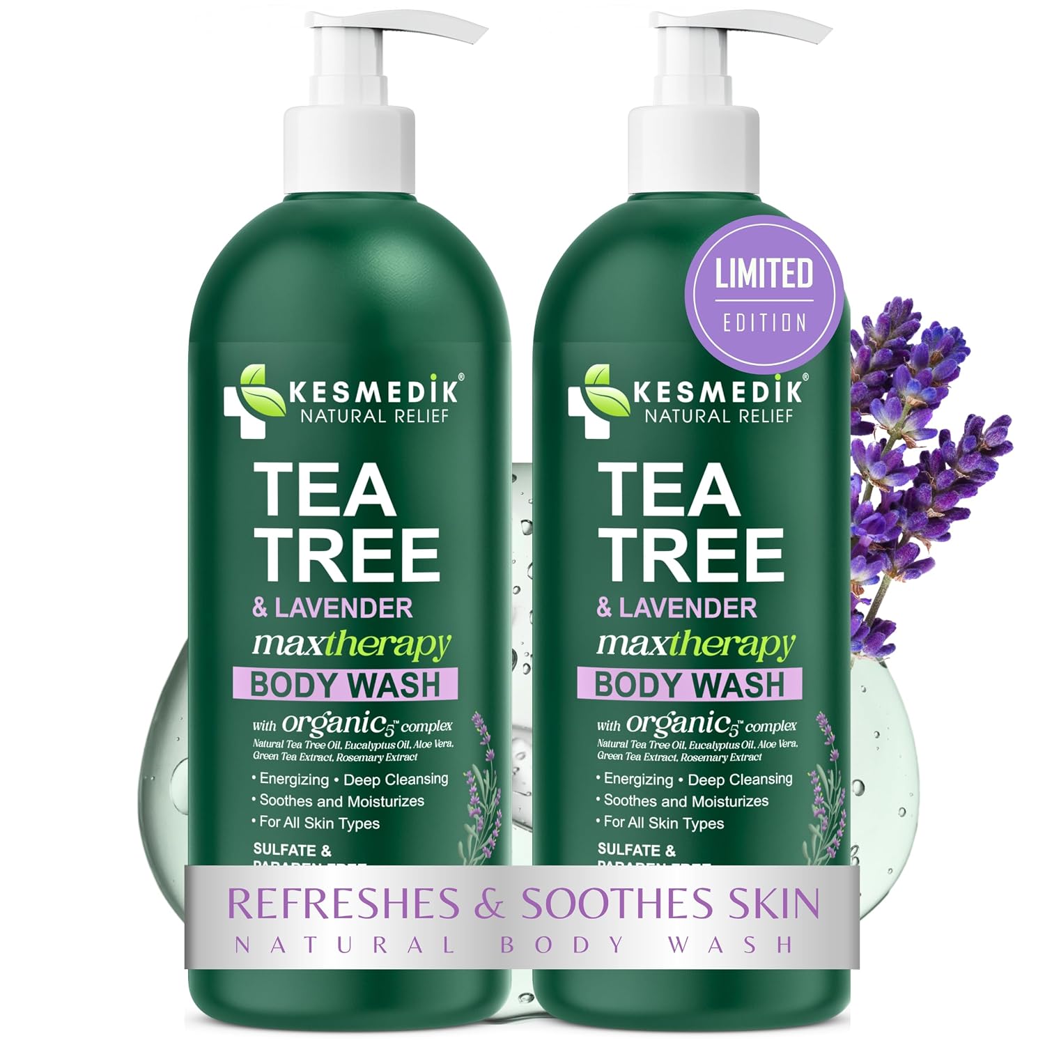 Kesmedik Tea Tree Body Wash Maxtherapy With Lavender & 100% Tea Tree Oil For Skin, Cleans, Soothes And Refreshes Sensitive, Itchy Skin, Body & Foot Soap For Men & Women, 2-Pack, Limited Edition