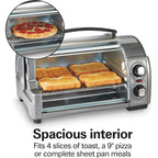 Hamilton Beach Easy Reach 4-Slice Countertop Toaster Oven With Roll-Top Door, 1200 Watts, Fits 9” Pizza, 3 Cooking Functions for Bake, Broil and Toast, Silver (31344DA)