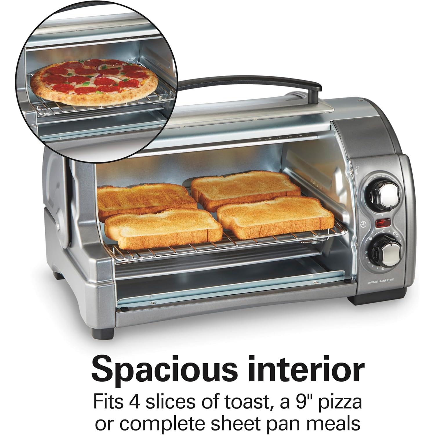 Hamilton Beach Easy Reach 4-Slice Countertop Toaster Oven With Roll-Top Door, 1200 Watts, Fits 9” Pizza, 3 Cooking Functions for Bake, Broil and Toast, Silver (31344DA)