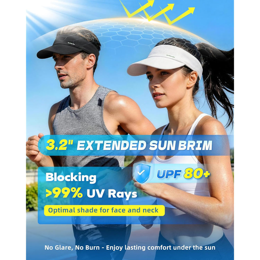 Sun Visor Hat for Women & Men – 3.2" Extended Brim, UPF 80+, Quick-Dry Sports Hat, Adjustable Fit, Running, Tennis, Golf
