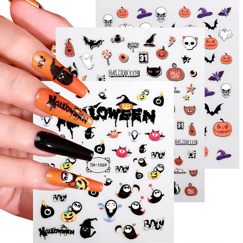 12 Sheets Halloween Nail Art Stickers Decals Glow in The Dark, Cute Spider Web Pumpkin Ghost Skull Bat 3D Design Self-Adhesive Nail Art Decals, DIY Manicure Decoration Supplies for Women Kids