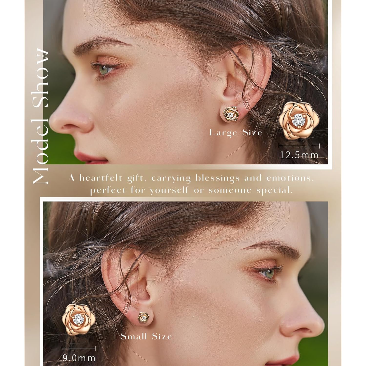Gold Plated Sterling Silver Rose Flower Earring Studs, Hypoallergenic & Nickel Free Earrings for Women