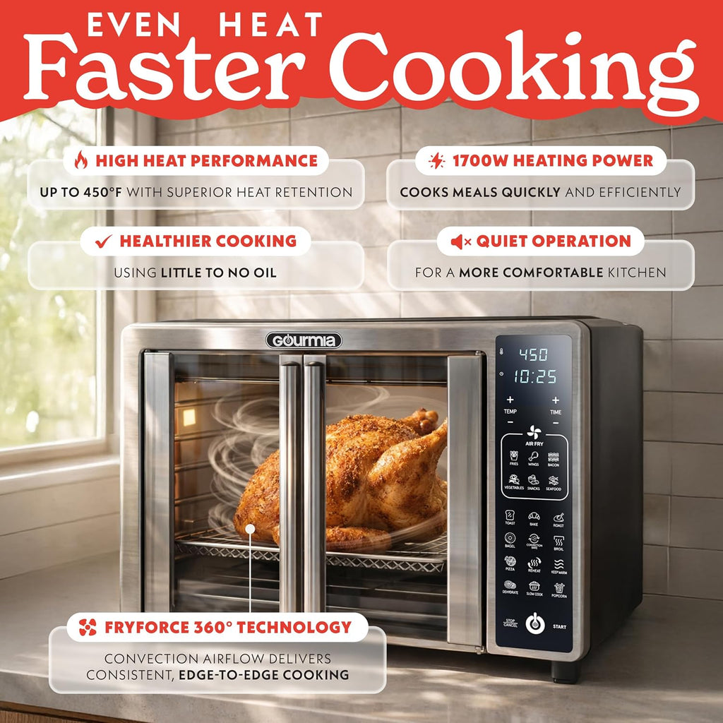 Gourmia Air Fryer French Door Toaster Oven - 6-Slice Capacity, Led Display With 19 Cooking Presets, Stainless Steel