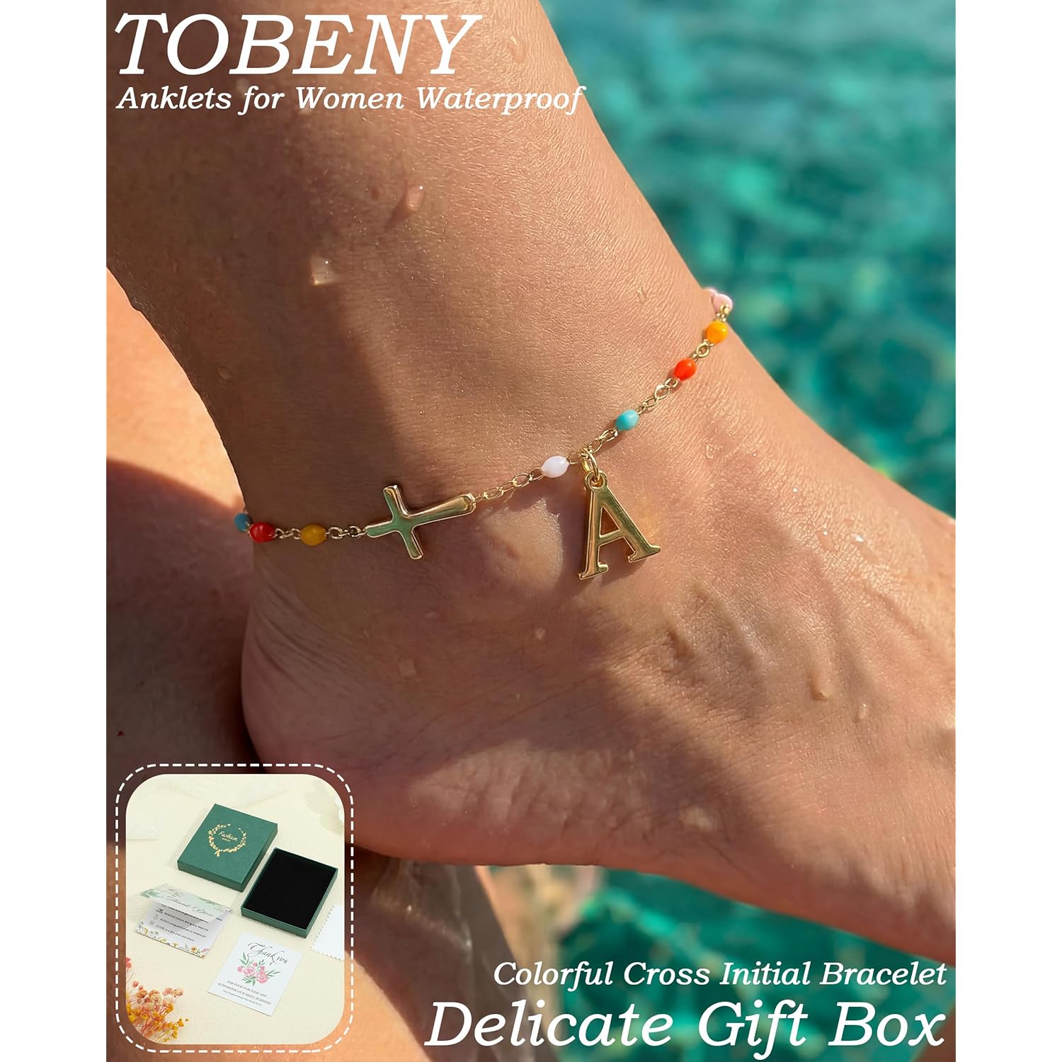 TOBENY Ankle Bracelets for Women Waterproof 14K Gold Plated A-Z Initial Cross Anklet Colorful Hypoallergenic Letter Anklets for Women Non Tarnish Summer Beach Jewelry Gift for Daughter Mom Sister