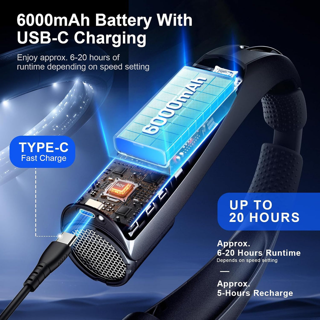 Portable Neck Fan With Reading Light, 6000Mah Usb-C Rechargeable Hands Free Fan, 6-Speed Wearable Fan, 360° Cooling Summer Gifts For Men Women, Travel, Camping, Outdoor Work - Black