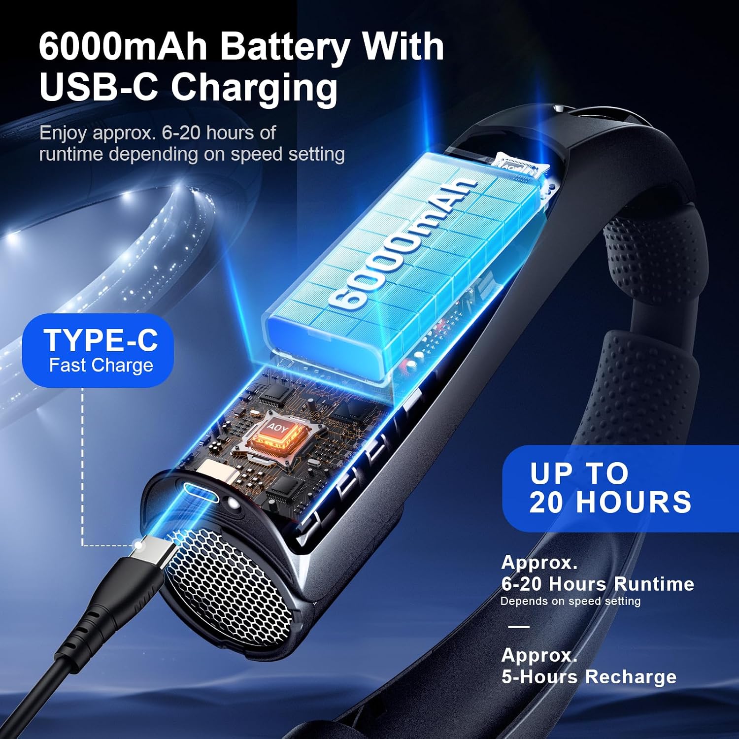 Portable Neck Fan With Reading Light, 6000Mah Usb-C Rechargeable Hands Free Fan, 6-Speed Wearable Fan, 360° Cooling Summer Gifts For Men Women, Travel, Camping, Outdoor Work - Black