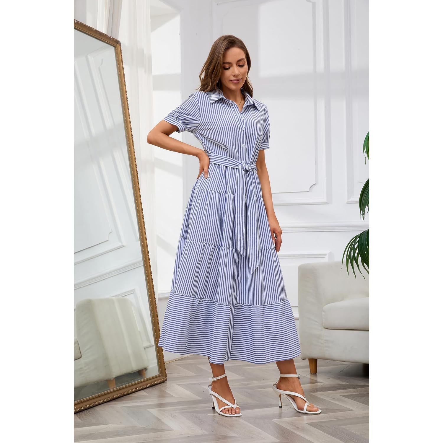Utcoco Womens Casual Short Sleeve Button Down Tie Waist Ruffled Striped Maxi Shirt Dress