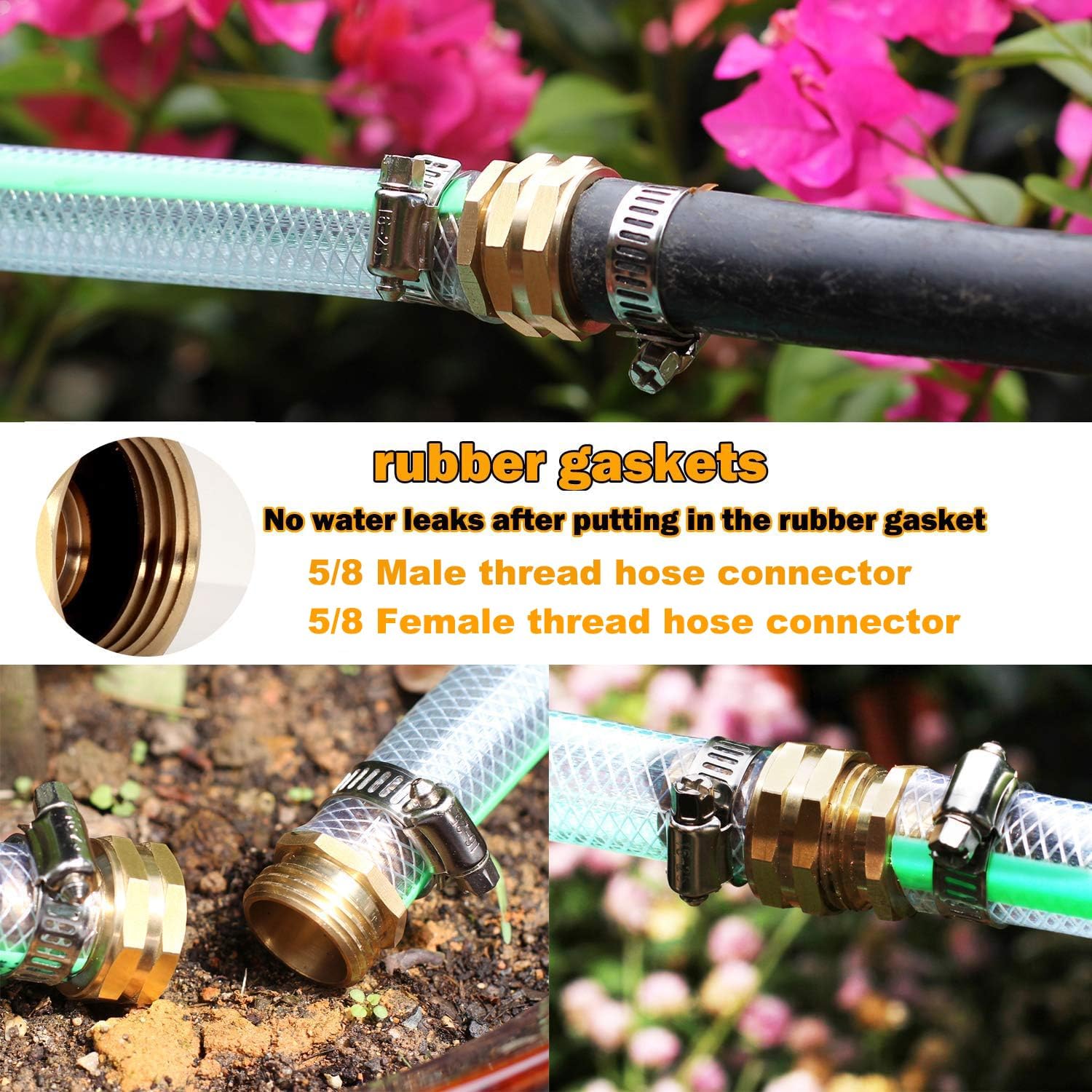 5/8" Barb Male & Female Brass Garden Hose Repair Kit, 2 Set | With Clamps Hose End Repair Connector, Durable Brass Fittings For 5/8" Hose, Garden Watering & Car Washing Repair