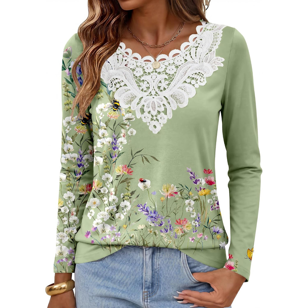 Anrabess Women'S Lace Front Long Sleeve Tunic Tops | Scalloped V Neck Floral Print Shirts, Soft Regular Fit Blouses, Business Office Travel Outfits, Dressy Casual, Fall & Winter