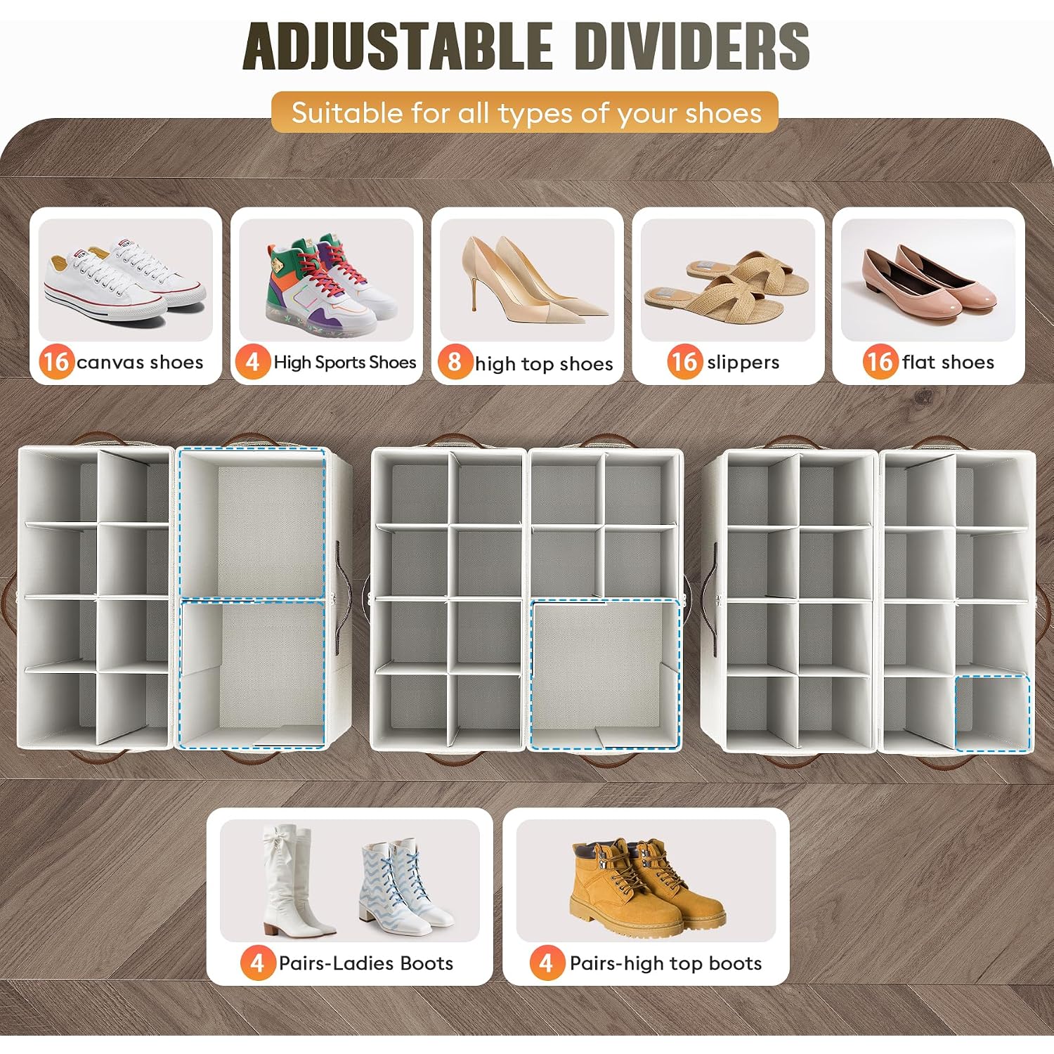 2 Pack Shoe Organizer For Closet, Foldable Shoe Storage With Adjustable | Farbic Shoe Storage Organizer Box Bin With Clear Cover, Fits Up To 16 Pairs, Shoe Storage Box For Closet, Entryway, Beige