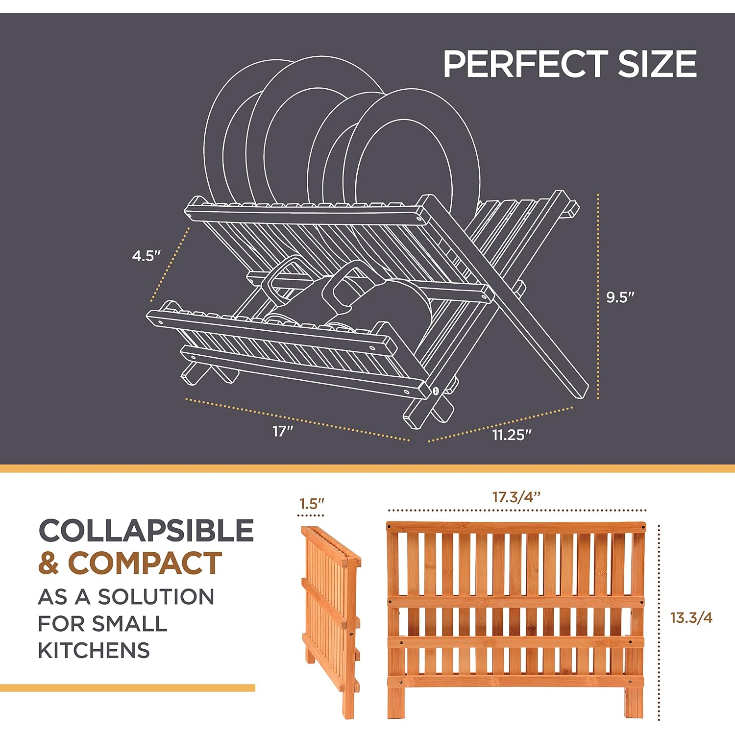 Bambüsi Collapsible Dish Drying Rack - 2 Tier Bamboo Dish Rack Dish Drainer For Kitchen Counter, Foldable Wooden Drying Rack For Plates Cups Bowls Utensils, No Assembly Folding Rack For Apartment, Rv