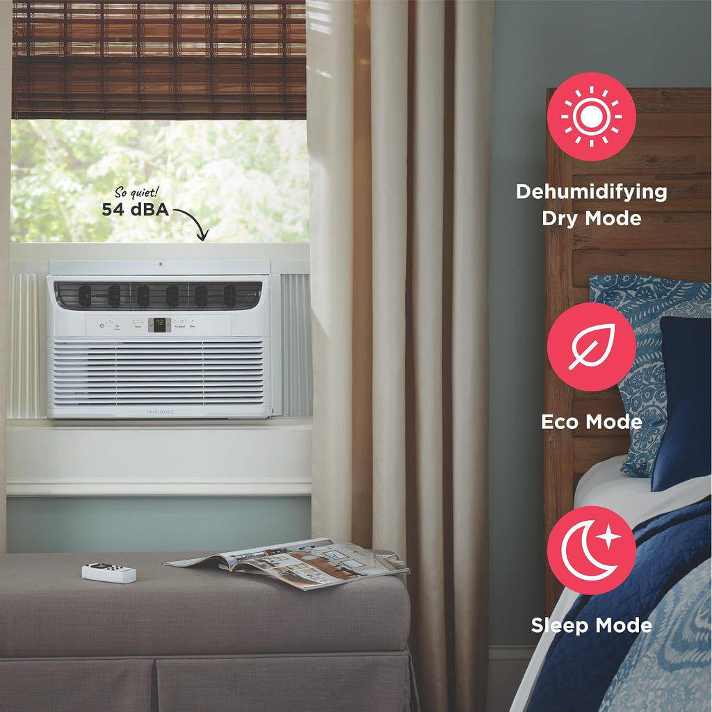 Frigidaire 8,000 Btu Window Air Conditioner With Remote Control, Cools Up To 350 Sq. Ft., Quiet Operation, Eco Mode, 3 Fan Speeds, Auto Restart, White
