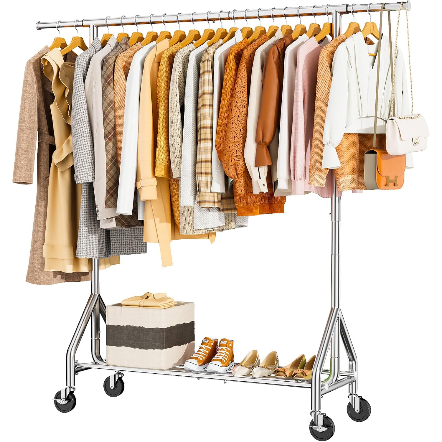Hyseyy Heavy Duty Clothes Rack Load 450 Lbs, Metal Garment Rack, Standing Rolling Clothing Rack For Hanging Clothes With Sturdy Wheels & Shelves, Portable Closet Wardrobe Rack,Sliver