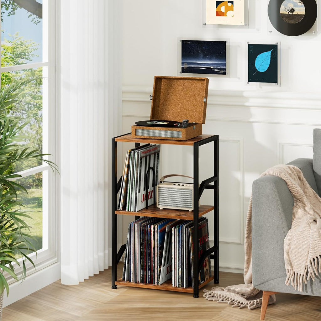 Record Player Stand, Vinyl Record Storage Up To 200 Albums, 3 Tier End Table With Removable Dividers, Tall Side Table For Living Room, Bedroom, Rustic Brown, Hetcd010Br-1