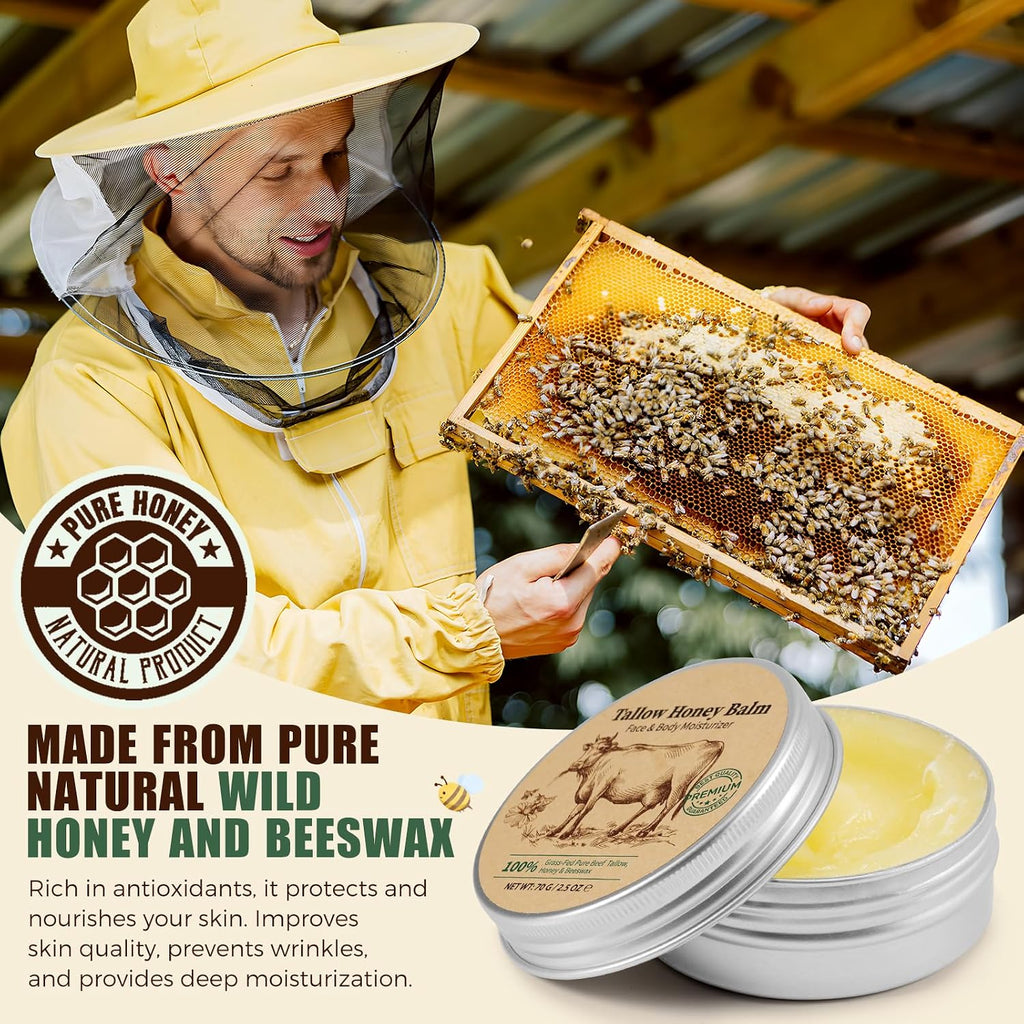 Beef Tallow For Skin, Grass-Fed Whipped Beef Tallow Cream With Honey & Beeswax, Natural Face & Body Moisturizer, Deep Hydration For Dry & Sensitive Skin, Repairs Skin Barrier, 2.5 Oz