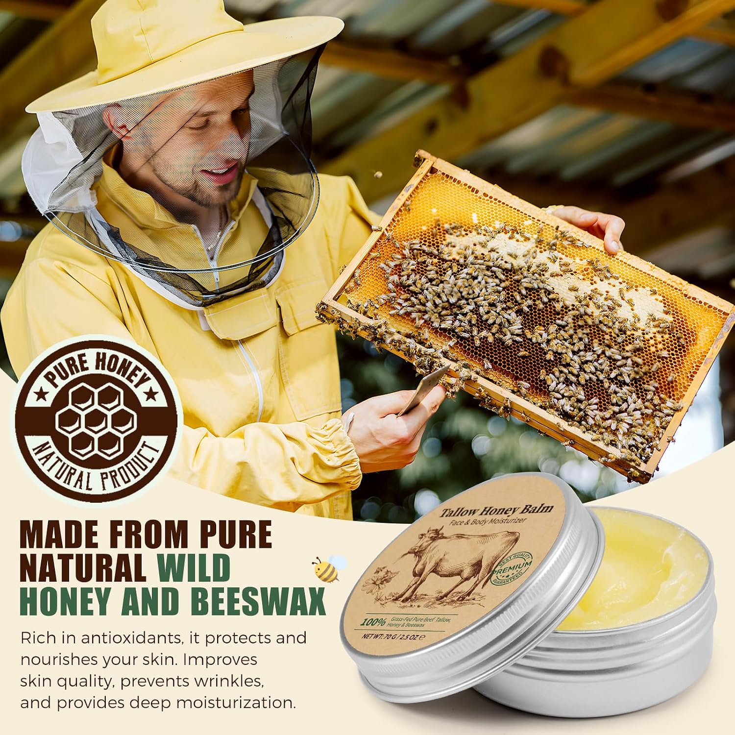 Beef Tallow For Skin, Grass-Fed Whipped Beef Tallow Cream With Honey & Beeswax, Natural Face & Body Moisturizer, Deep Hydration For Dry & Sensitive Skin, Repairs Skin Barrier, 2.5 Oz