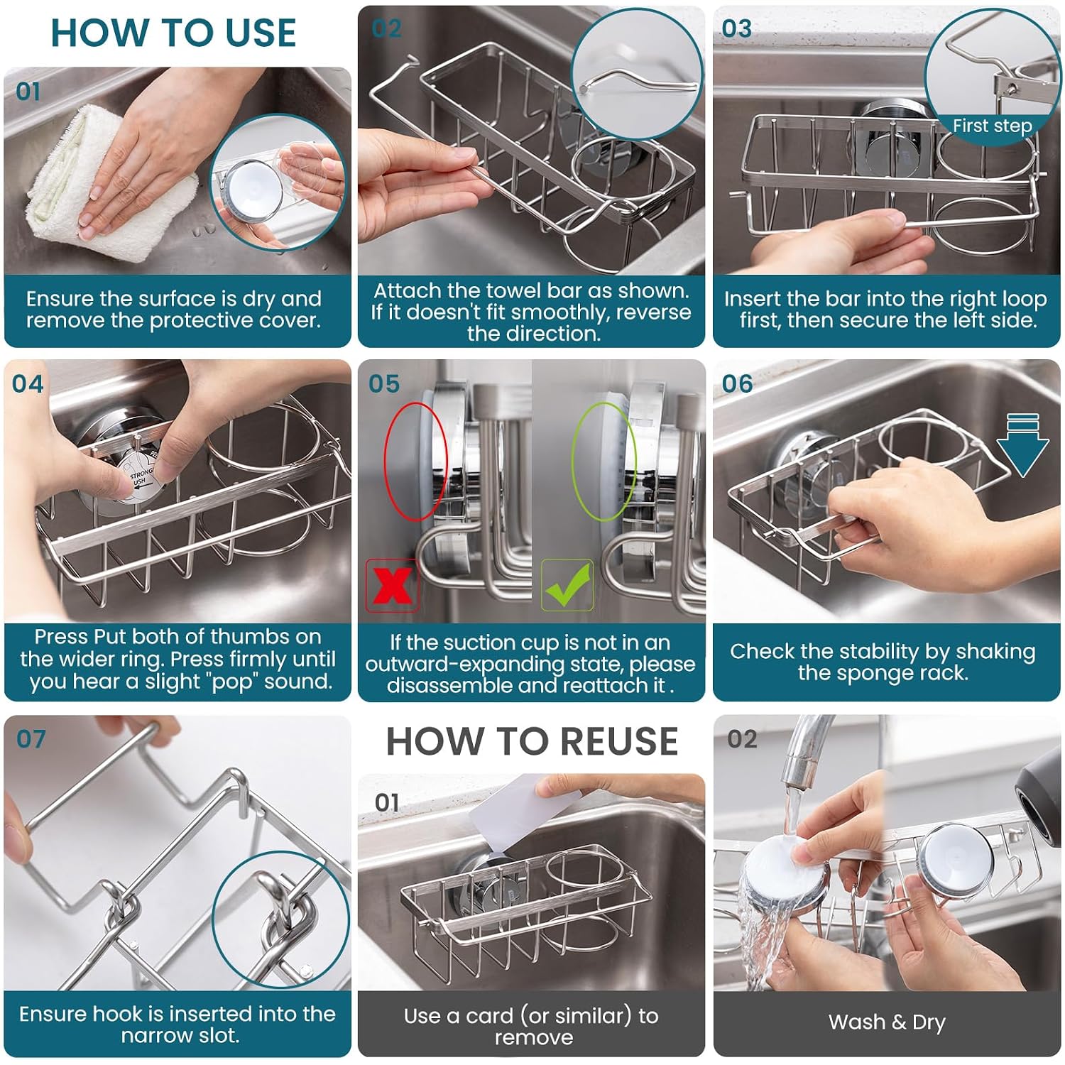Taili 4-In-1 Sink Caddy With Strong Suction Cup, Sponge Holder For Kitchen Sink Organizer, Removable, Rustproof, Stainless Steel Holder For Sponge, Brush, Scrubber, Scraper - Silver