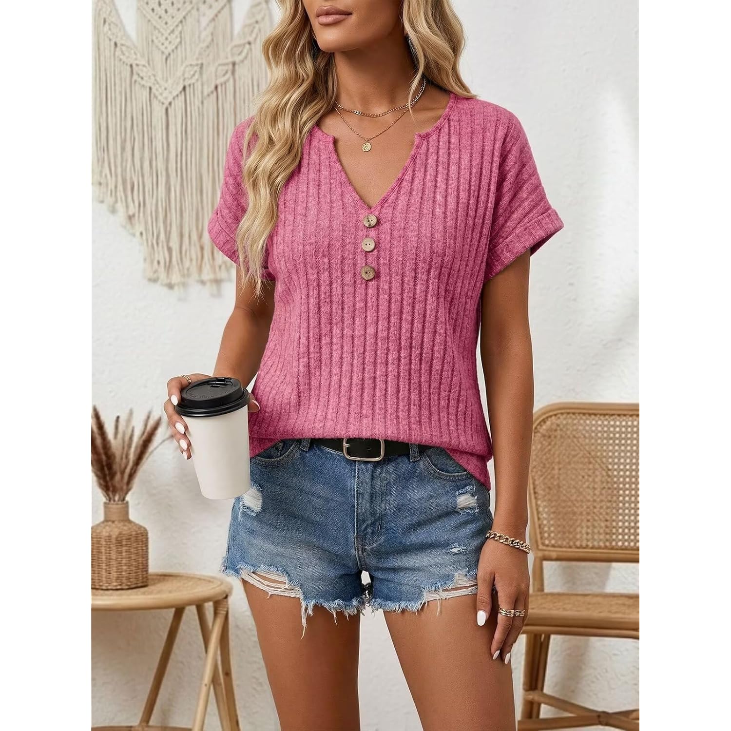 Womens Relaxed Fit Tunic Tops,Short Sleeve V Neck Ribbed Knit Shirts,Flowy Summer Blouse for Leggings