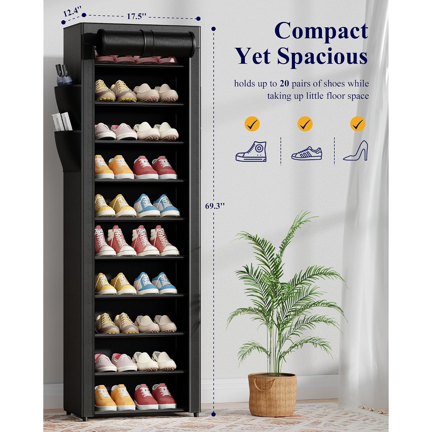 Kitsure Shoe Rack - 10-Tier Large Capacity Shoe Organizer Shelf With Dust Cover & Side Pockets, Rust-Proof Metal Shoe Rack For Closet, Entrance, Living Room, 17.5" X 12.4" X 69.3", Black