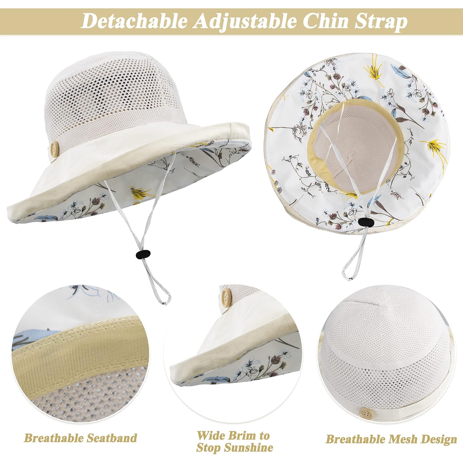 Mesh-Sun-Hats Women'S-Foldable-Fishing-Hat Wide-Brim Summer Outdoor Uv-Protection-Beach-Bucket-Cap With Chin Strap