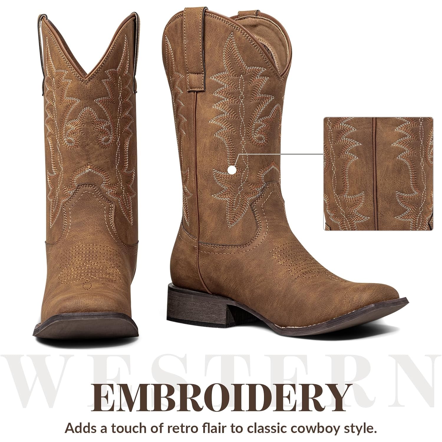 Shesole Cowboy Boots For Women Square Toe Western Boots Wide Calf Cowgirl Boots Pull On Fashion Embroidery For Country Concert Dancing Wedding Traveling Daily Outfits