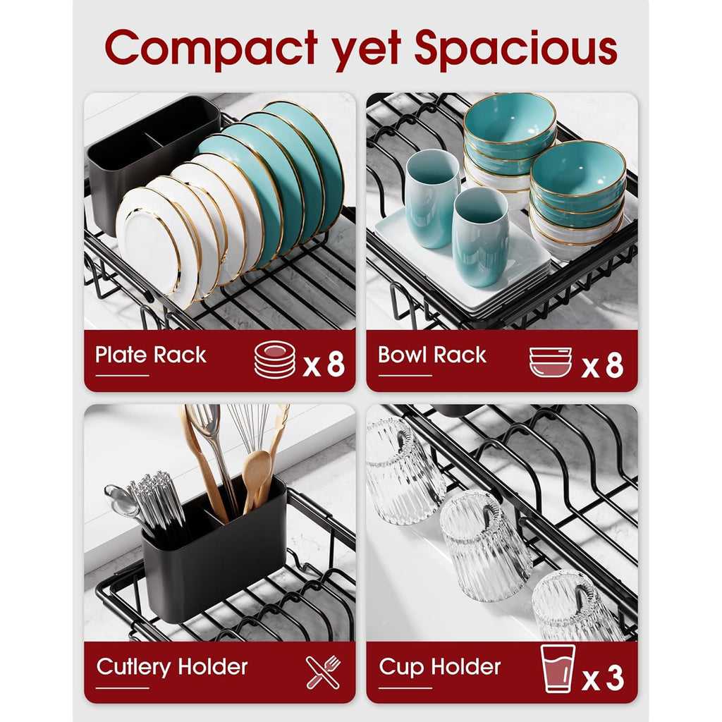 Sakugi Dish Drying Rack in Sink - Expandable Stainless Steel Dish Rack Over the Sink, Kitchen Sink Drain Strainer with Cutlery Holder & Cup Holders, 15.4 x 9.8 x 3.0 Inch, Black