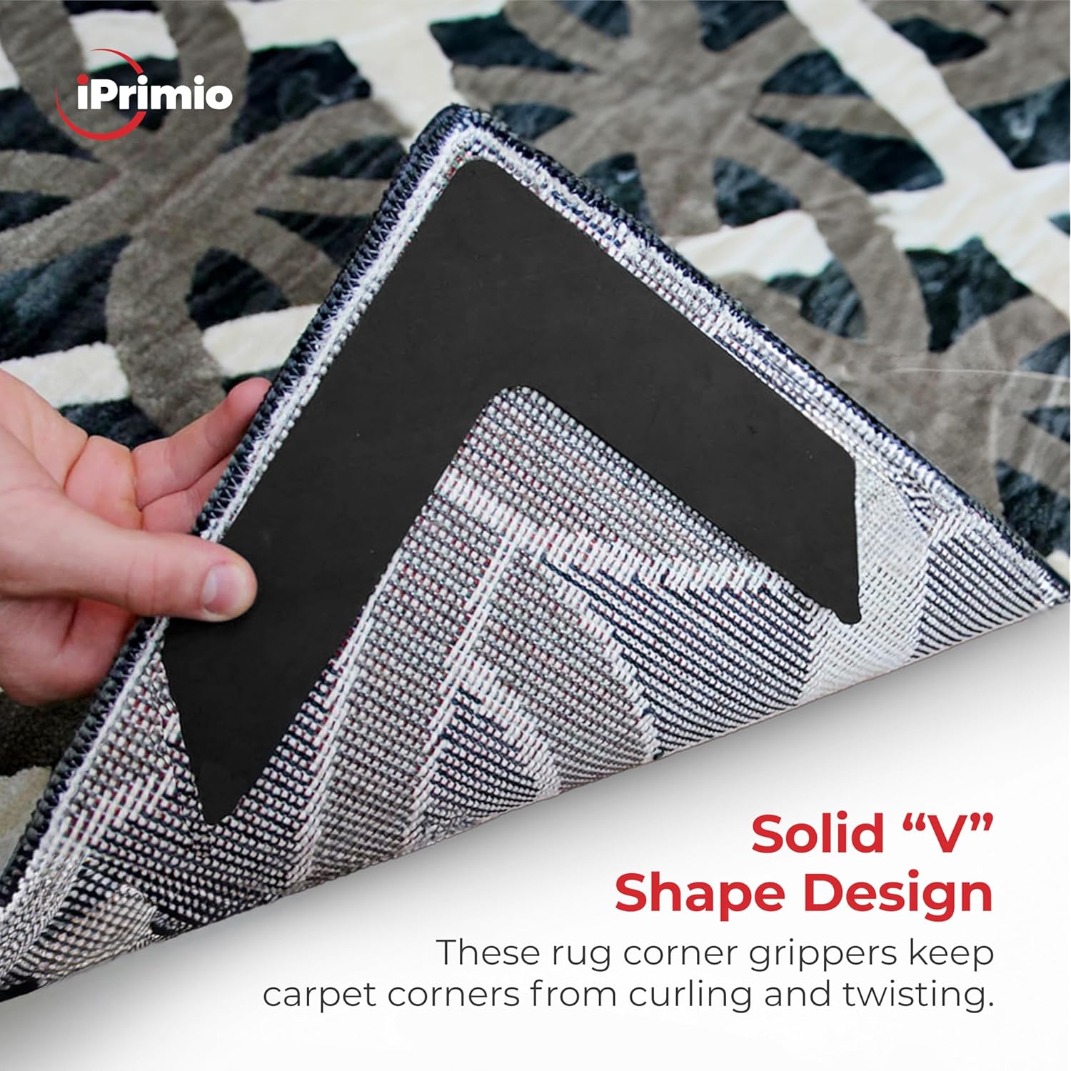 NeverCurl 4-Pack V Shape Rug Corner Grippers - Rug Gripper for Hardwood Floors and Outdoor Surfaces - Stops Curling Corners - Safe Carpet Tape Alternative - Works on Rug Corners Indoors