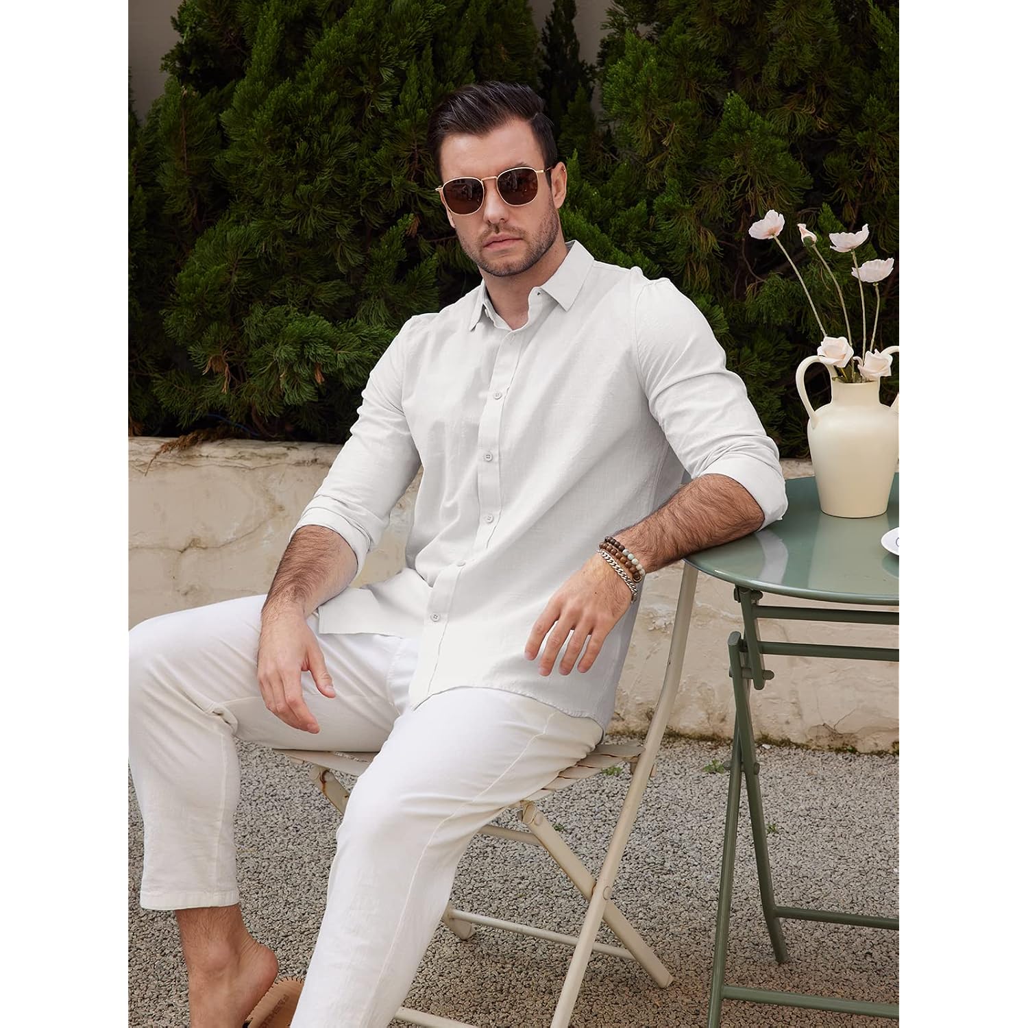 Jekaoyi Mens Summer Casual Long Sleeve Cotton Linen Shirts Button Up Solid Plain Roll-Up Sleeve Beach Shirts