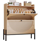 Ironck Shoe Cabinet Storage With 2 Flip Drawers, Free Standing Wooden Shoe Storage Organizer Cabinet With Rattan Doors For Entryway, Narrow Shoe Rack Cabinet, Oak