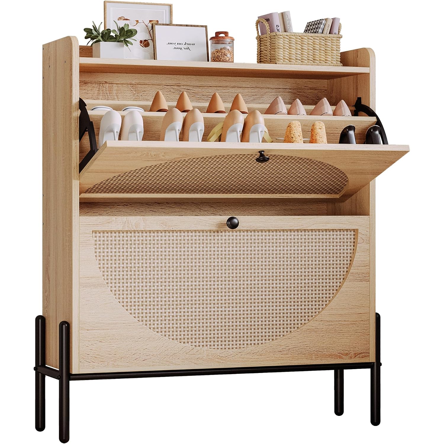 Ironck Shoe Cabinet Storage With 2 Flip Drawers, Free Standing Wooden Shoe Storage Organizer Cabinet With Rattan Doors For Entryway, Narrow Shoe Rack Cabinet, Oak