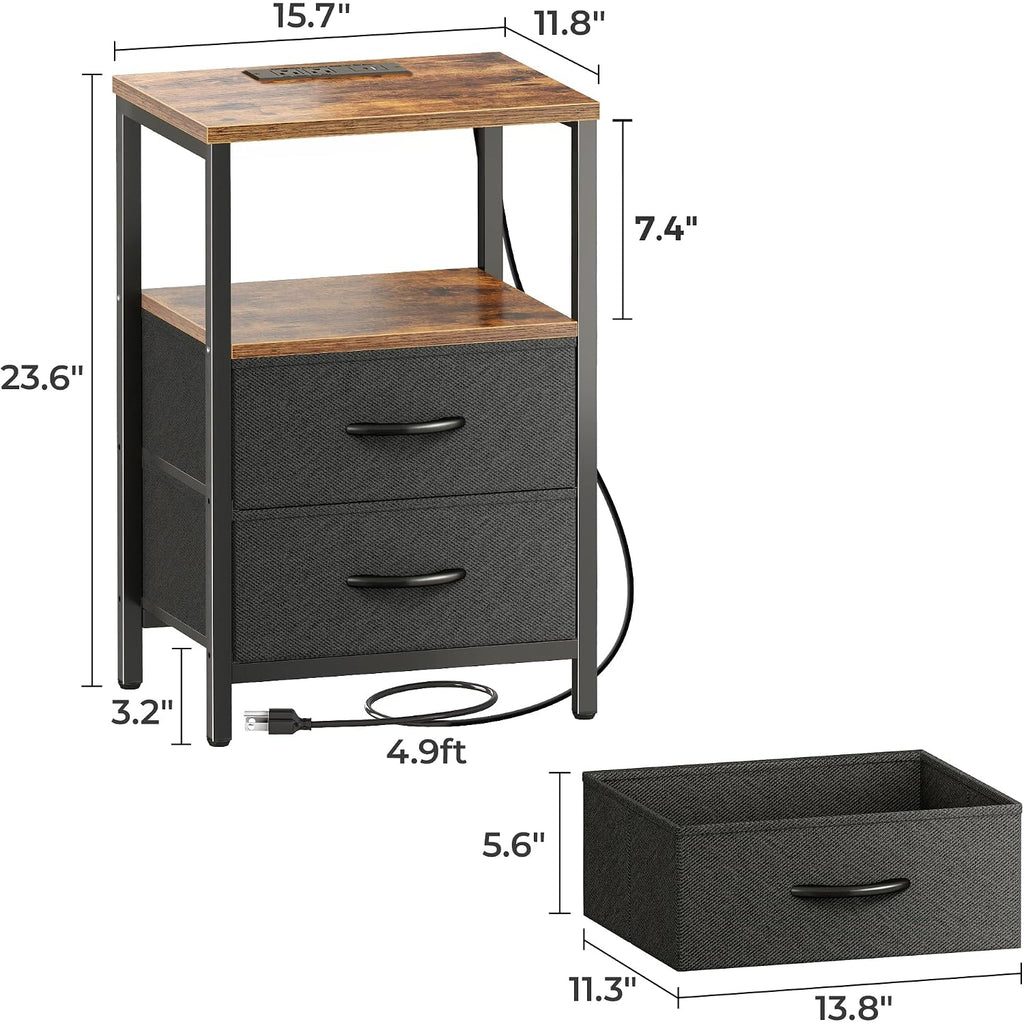 Huuger Nightstand With Charging Station, Side Table With Fabric Drawers, End Table With Open Shelf, Bedside Table With Usb Ports And Outlets, Night Stand For Bedroom, Rustic Brown And Black