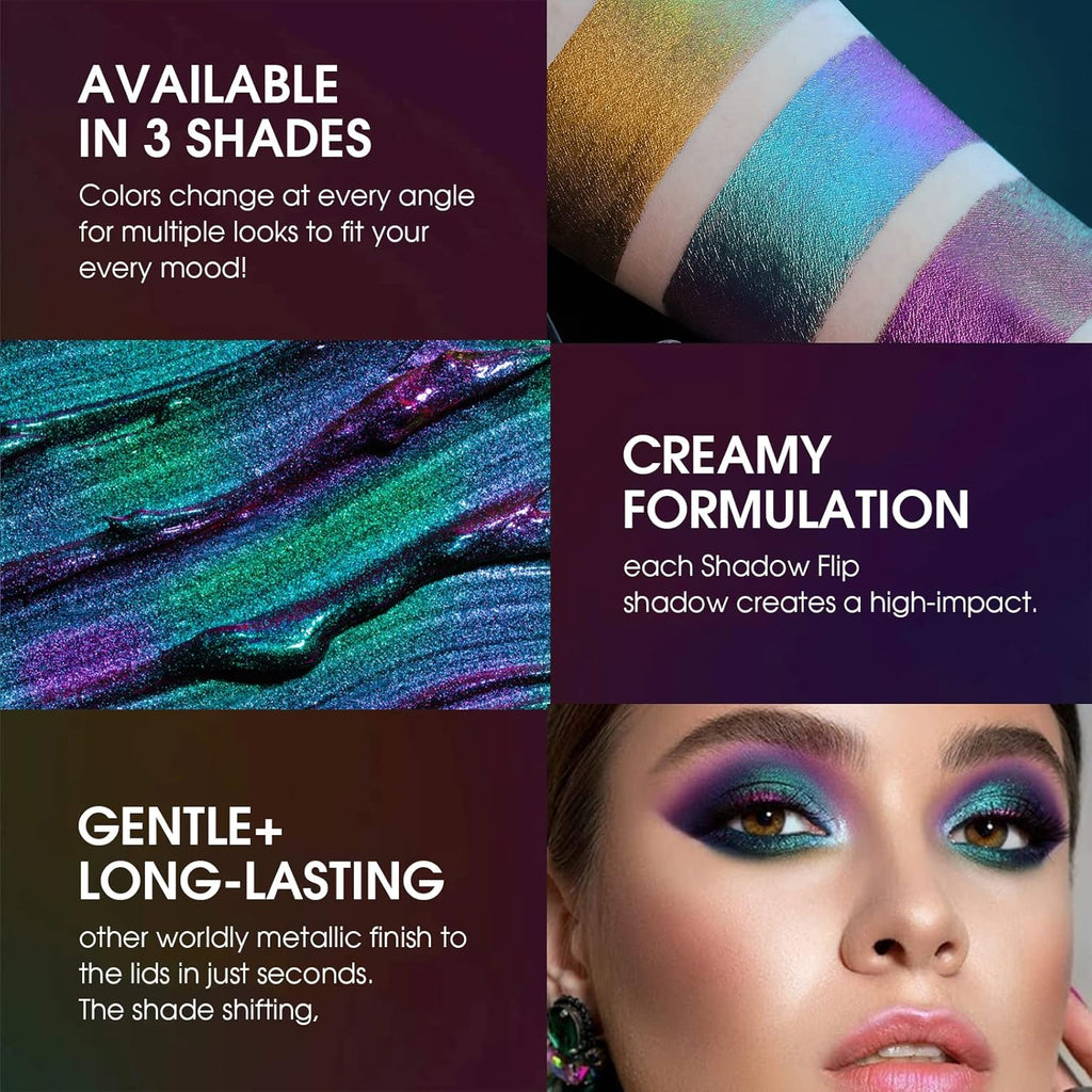 Metallic Liquid Chameleon Eyeshadow, Multi-Dimensional Eye Looks, Long-lasting Holographic Glitter Multichrome Eyeshadows Makeup (#Peacock+Wonder+Ember)