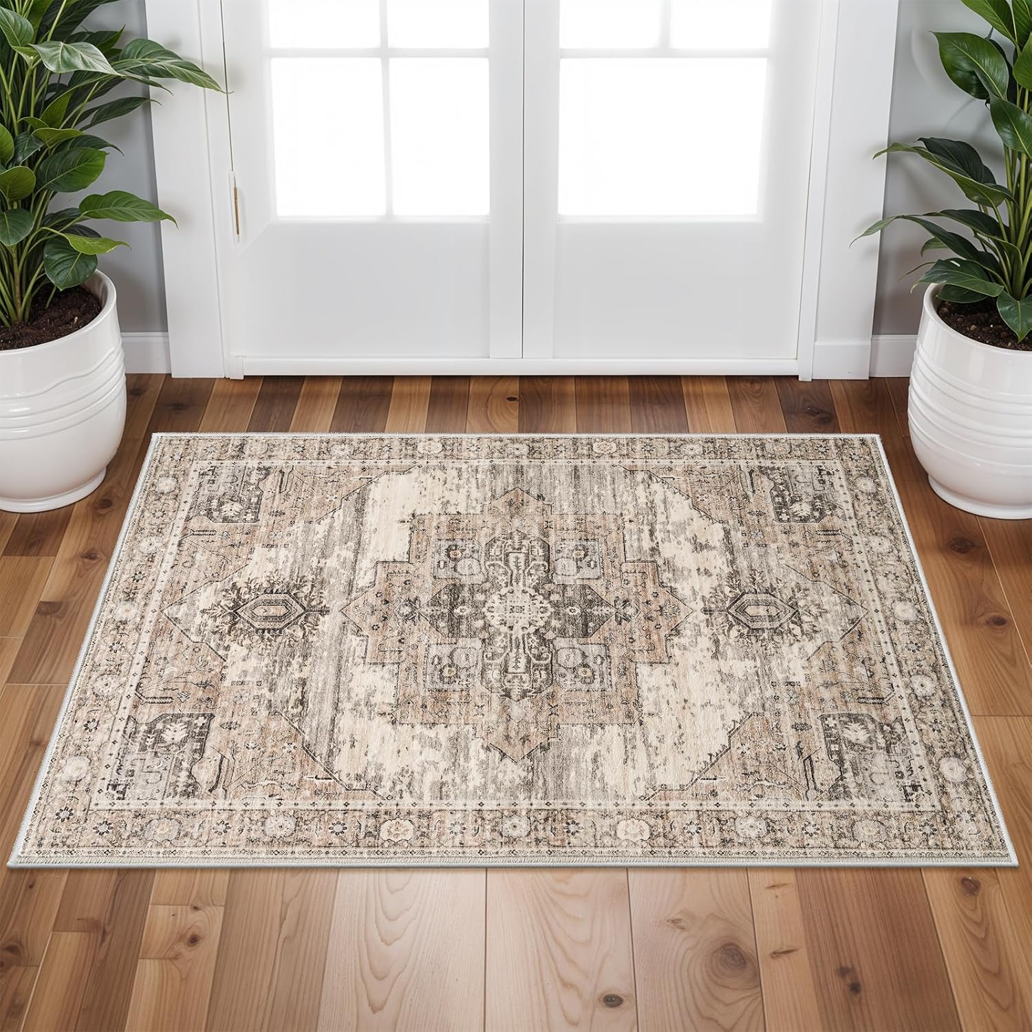 Washable 2X3 Area Rugs - Large Boho Rugs For Living Room Stain Resistant Carpet Vintage Tribal Rugs For Bedroom Kitchen Bathroom With Non Slip Backing Home Decor Floor Decoration Mat 2X3 Beige