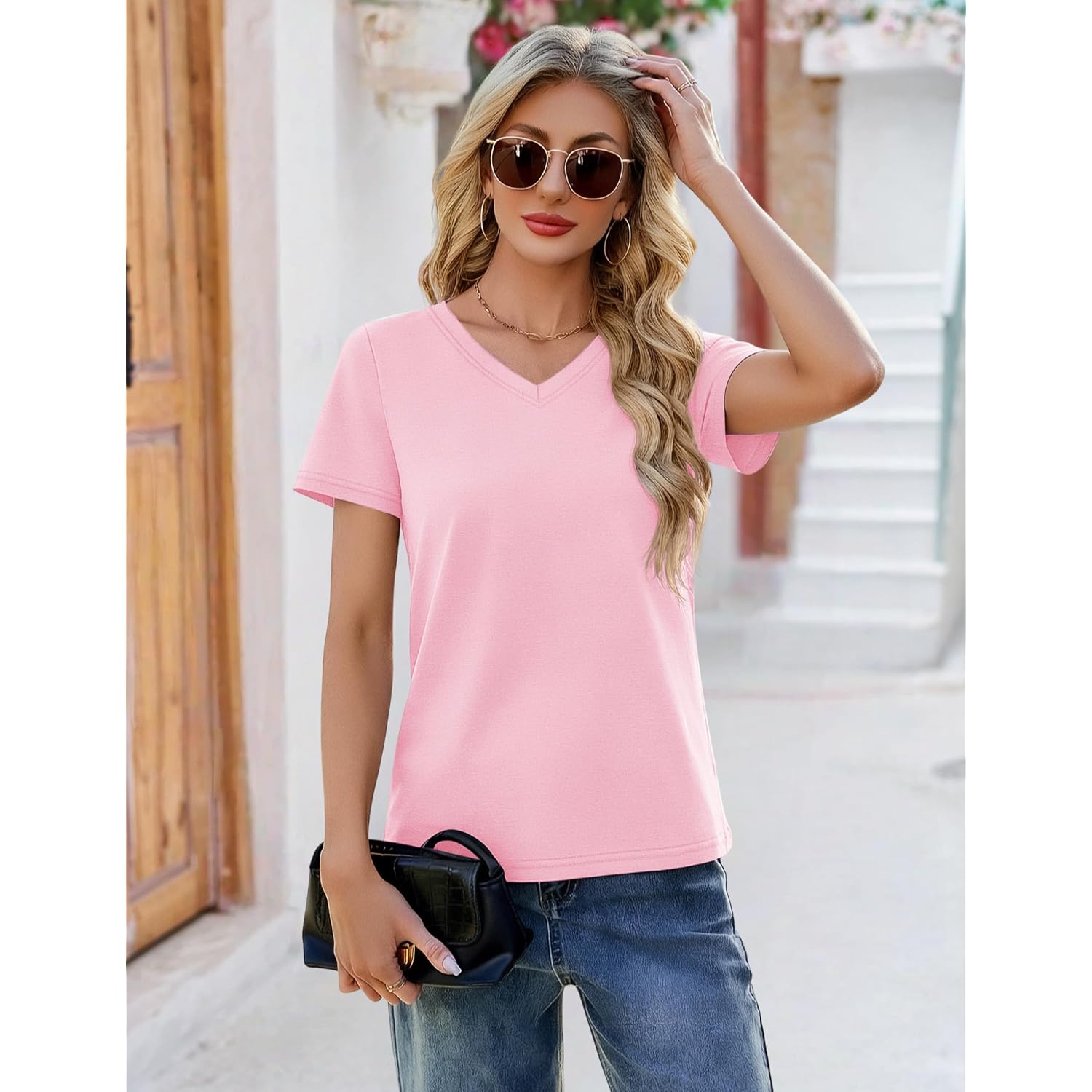 YUCOLEN T Shirts for Women Soft Short Sleeve V Neck Basic Tees Cotton Blend Breathable UPF 50+ Tops for Summer Spring