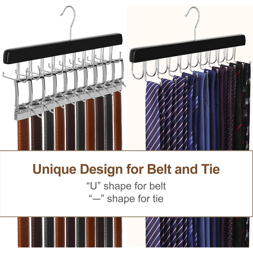Topia Hanger 20 Hooks 2 In 1 Belt Tie Hanger For Closet Max 30 Belts With 30 Ties Capacity, Belt Tie Racks Wooden Hanger For Closet Organizer Storage “U” Fit For Belt And “一” Fit For Tie - Ct47B
