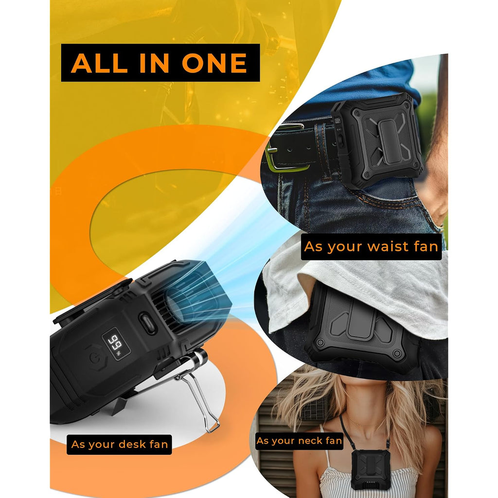 Tunise Portable Fan With 5-Speed Settings, Dual-Sided Clip On Wearable Belt Waist Fan For 8000Mah, 2 Settings Including Flashlight,Travel Essential For Outdoor Camping As Power Bank