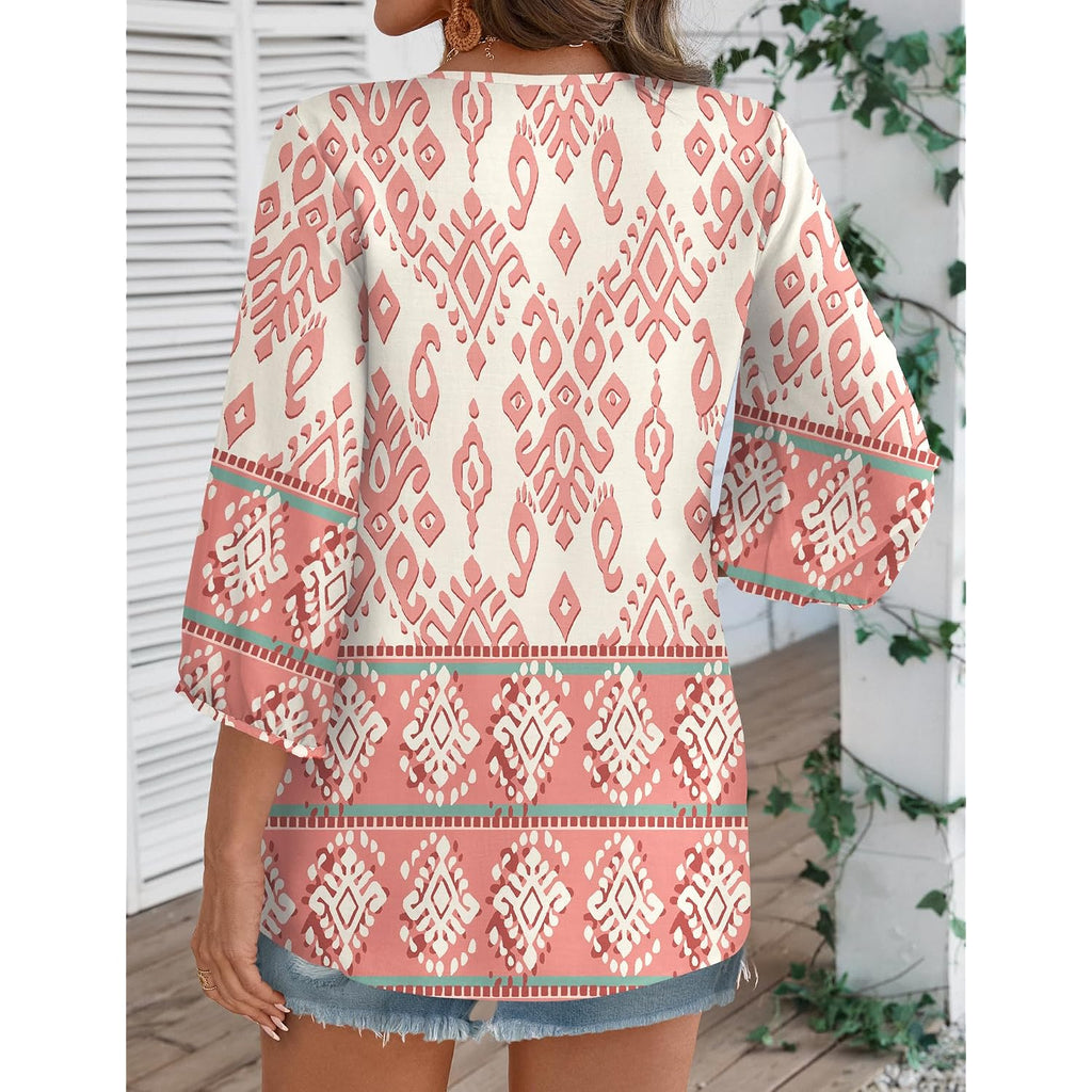 Rapbin Women Summer Boho Tops 3/4 Sleeve Pleated Blouses Casual V Neck Tie Front Spring Tunic Tops