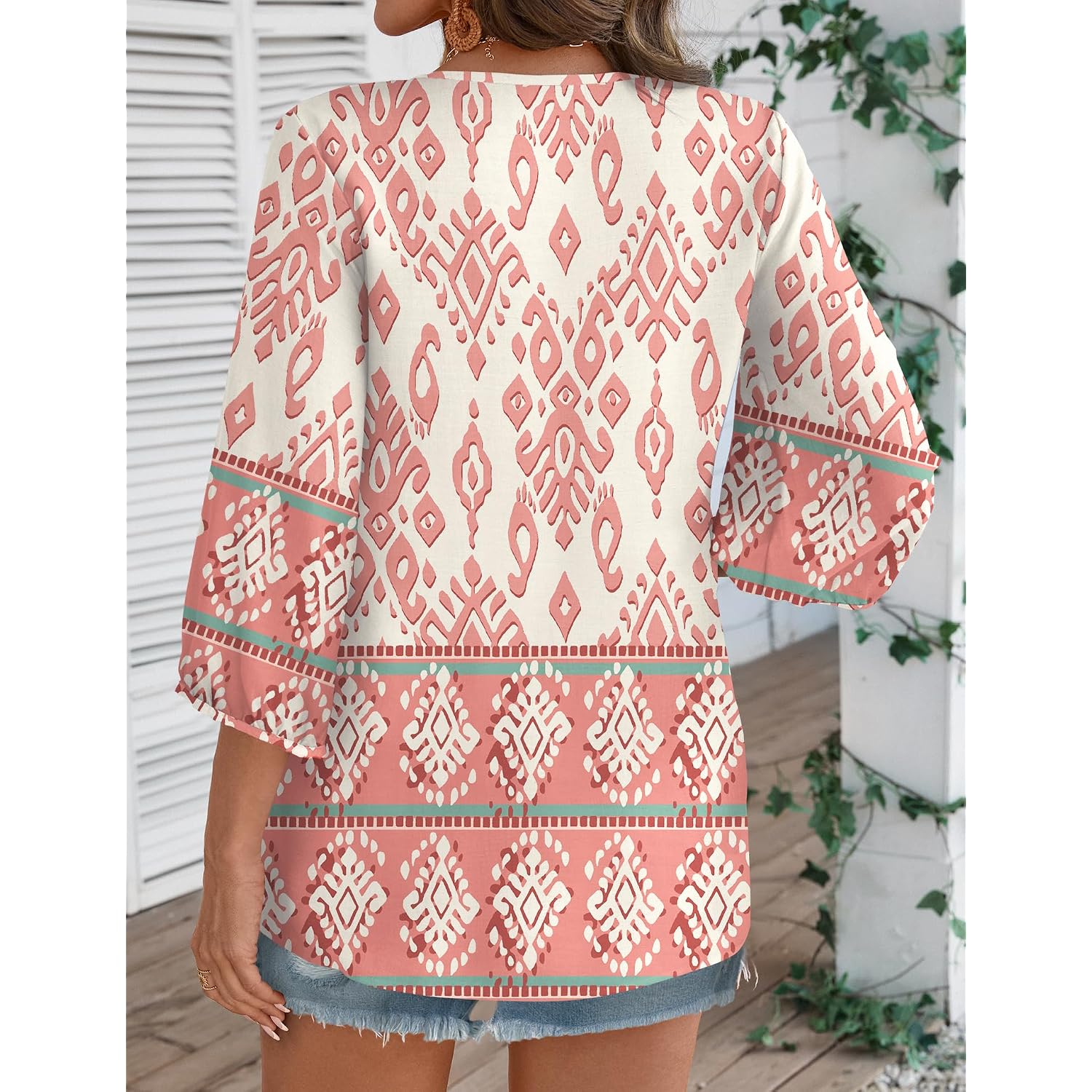 Rapbin Women Summer Boho Tops 3/4 Sleeve Pleated Blouses Casual V Neck Tie Front Spring Tunic Tops