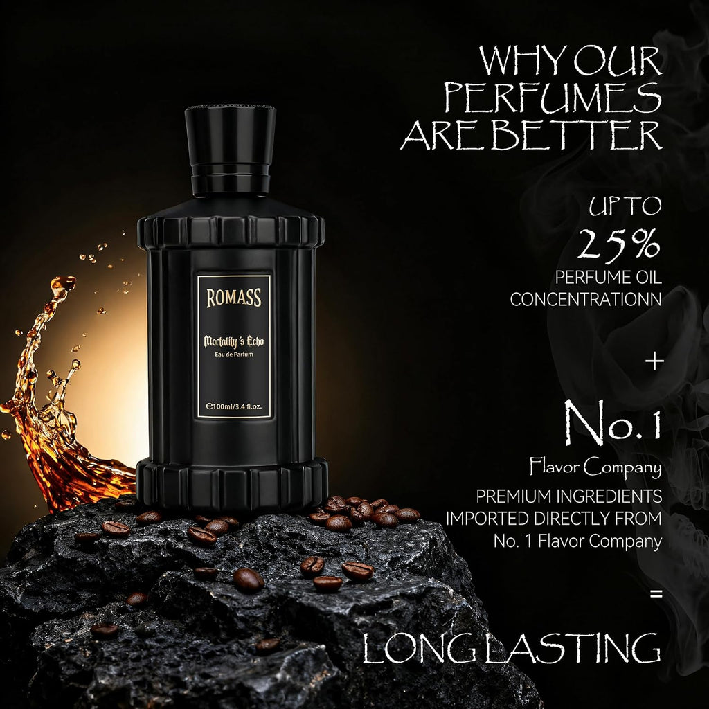Mortality’S Echo Luxe Perfume Unisex 3.4 Oz 100 Ml Long Lasting 8+ Hours With Rum Coffee Vetiver & Sandalwood Notes In Black Bottle