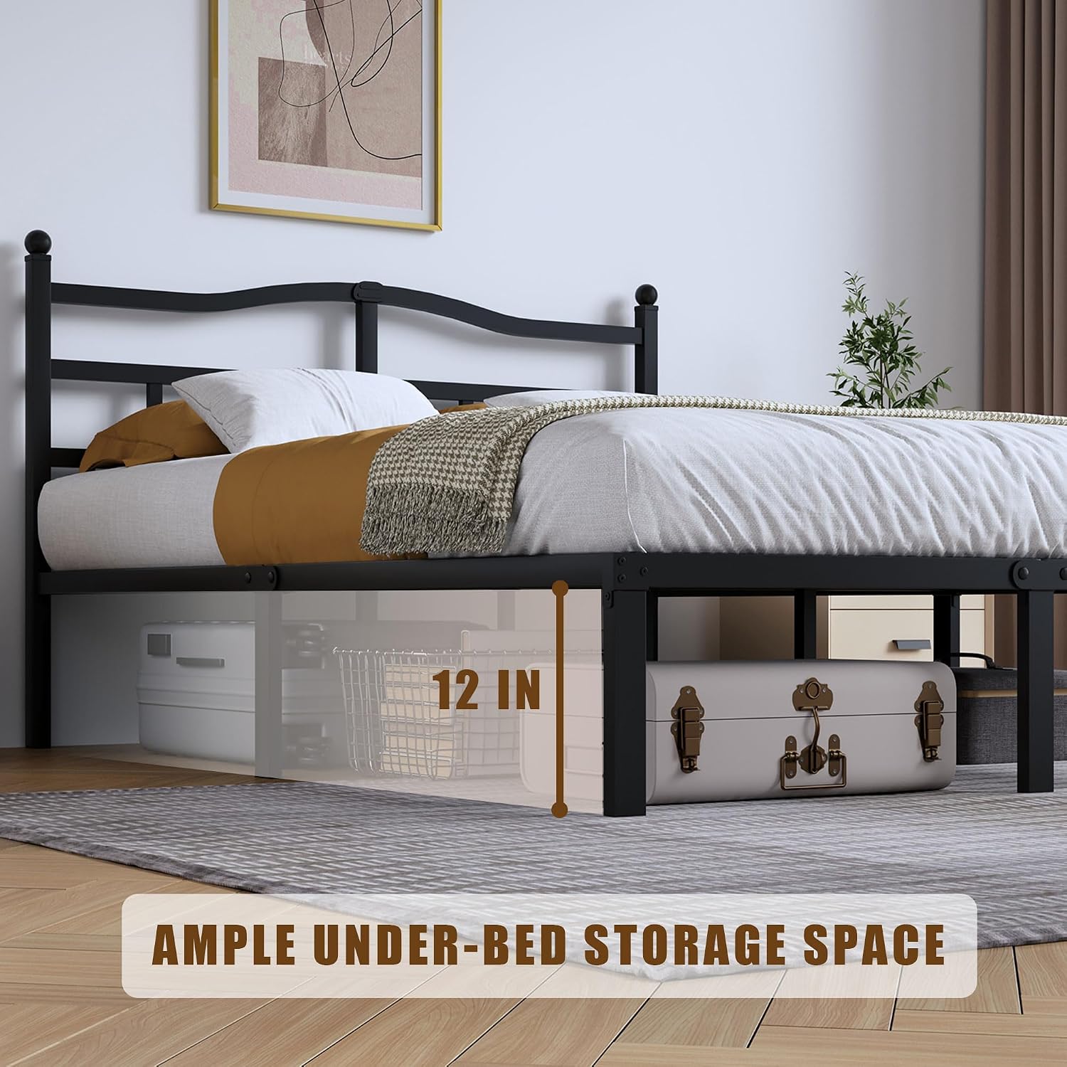 14 Inch Metal Bed Frame - Queen Size Heavy Duty Bedframe With Headboard Black Basic Steel Slats Platform No Box Spring Needed/Easy Assembly/Noise Free