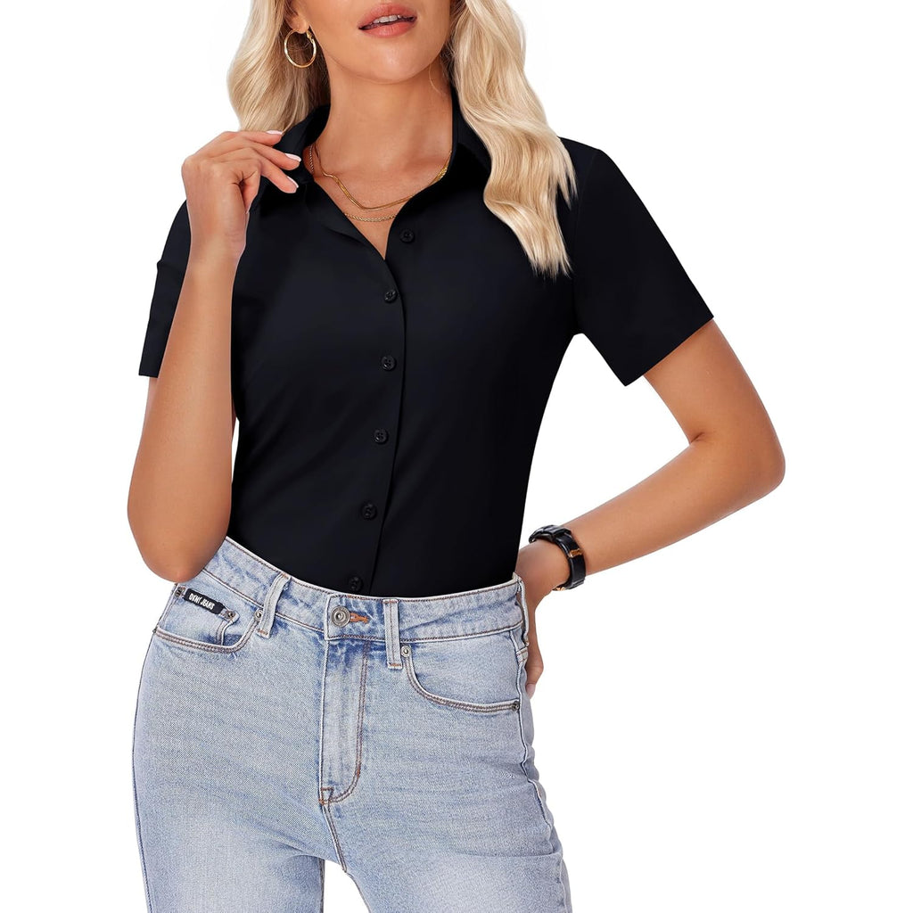 Womens Button Down Shirt Slim Fit Stretch Short Sleeve Dress Shirts Wrinkle Free Solid Formal Work Blouses
