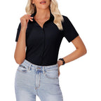 Womens Button Down Shirt Slim Fit Stretch Short Sleeve Dress Shirts Wrinkle Free Solid Formal Work Blouses