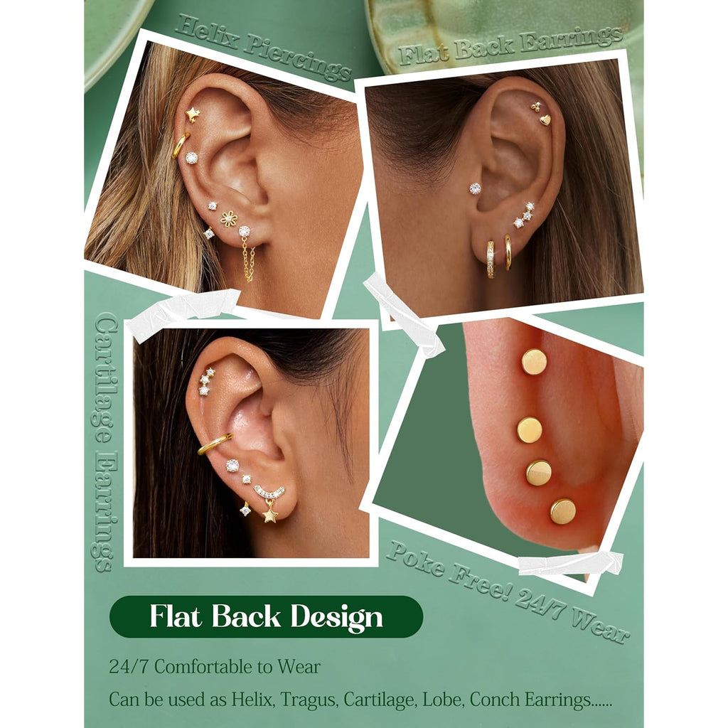 Hypoallergenic Flat Back Earrings 14K Gold Plated Cartilage Earring Stacks for Sensitive Ears Surgical Steel Small Huggie Hoops Flatback Stud Earrings Set for Multiple Piercing Jewelry Gift for Women