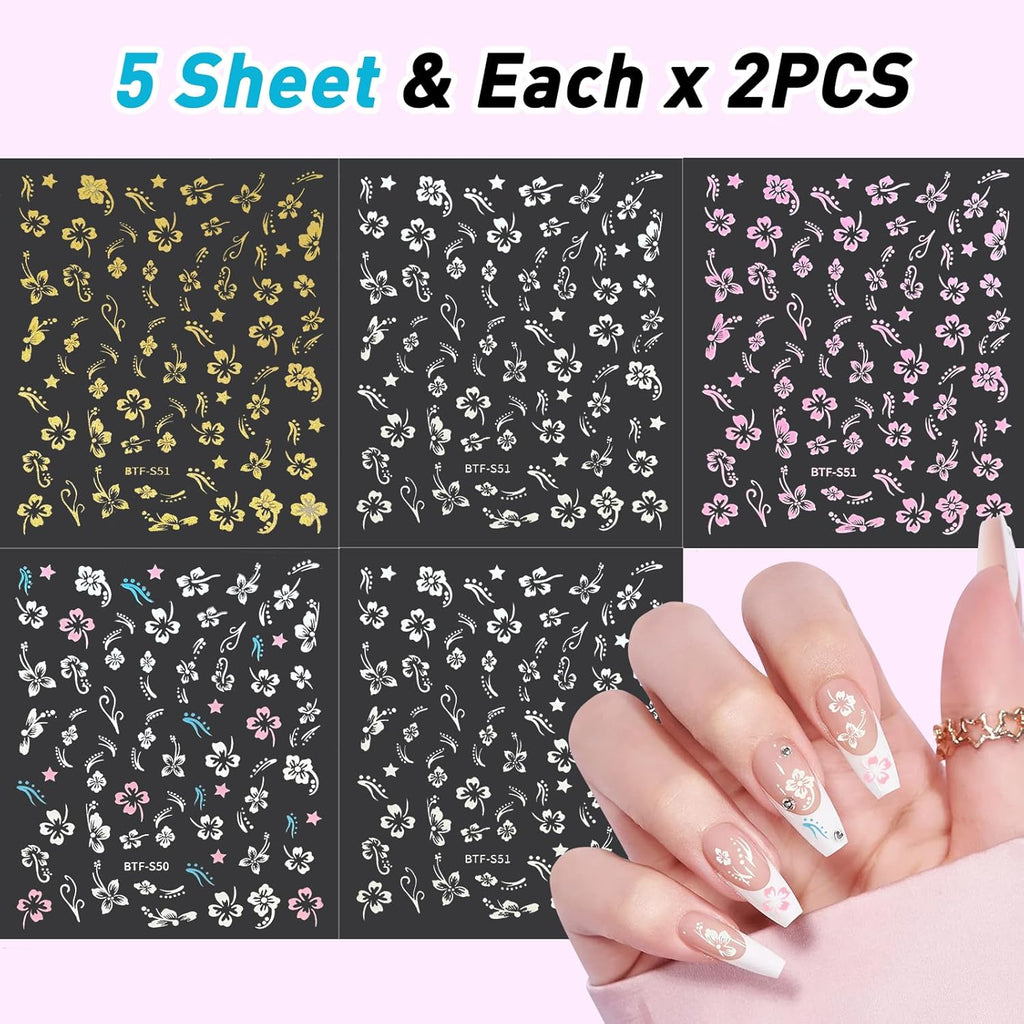 MUIIGOOD Flower Nail Stickers 10 Sheets Hibiscus Nail Decals White Pink Golden Clear Silver Decals Nail Art Decorations Nail Decals Nail Art Supplies Nail Designs for Women Manicure Tips